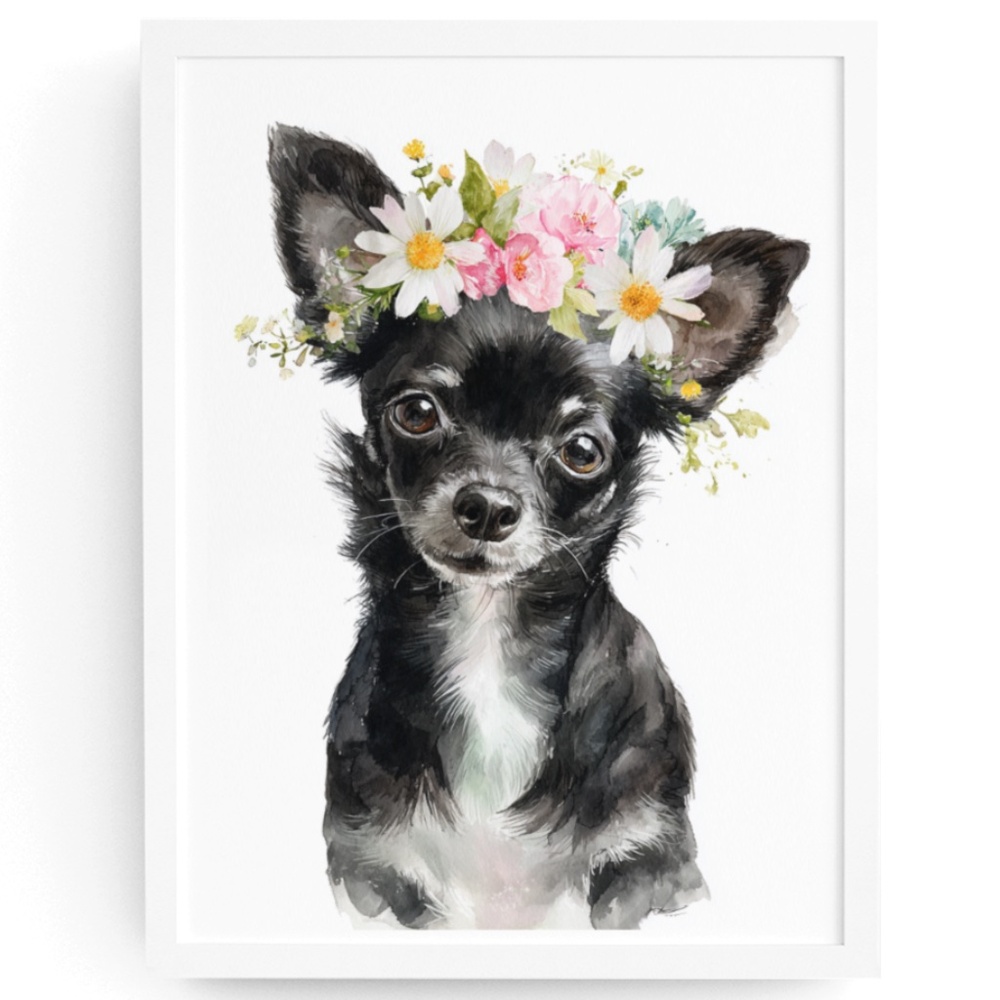 Watercolor Black Chihuahua with Flowers Portrait Wall Art Print Poster Unframed